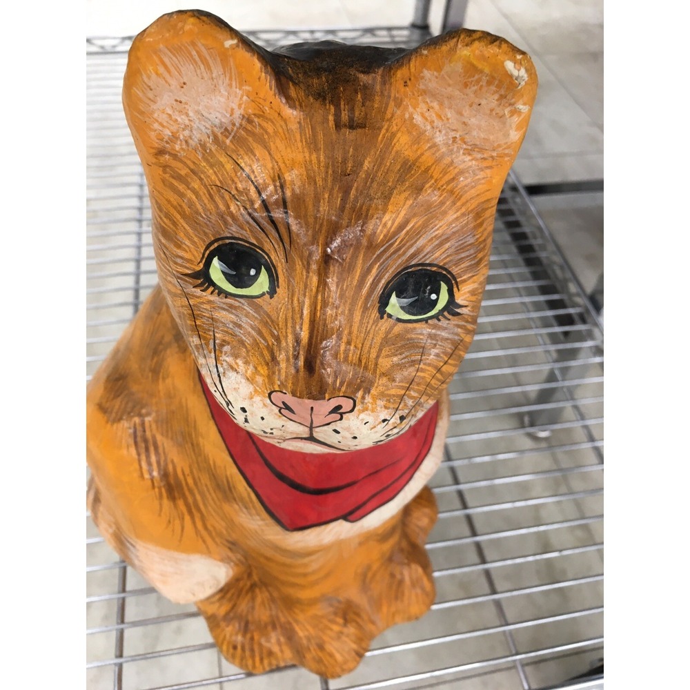Paper Mache Folk Calico Cat Orange Hand Painted Red Bow 14"